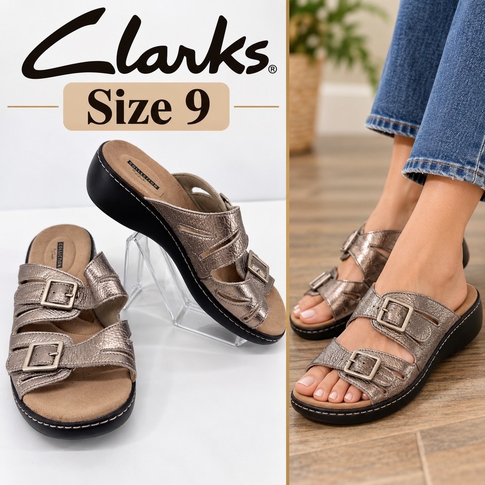 Clarks Collection Womens 9M Metallic Gold Leather Wedge Slide Sandals Cushion